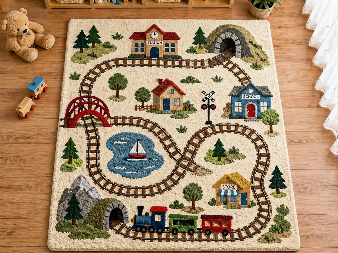 Hand Tufted Train Track Play Area Rug, Interactive Kids Room Carpet - Etsy