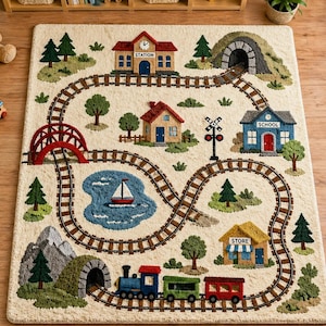 Può includere: Tappeto beige per bambini con un design a binari. Il tappeto presenta un treno, edifici, alberi, un lago con una barca a vela e un ponte rosso. La parola "STATION" è visibile su uno degli edifici. Un orsacchiotto e un trenino giocattolo sono accanto al tappeto.