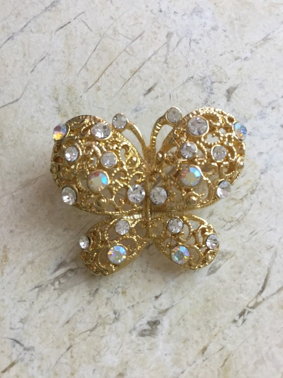 Vintage butterfly brooch gold & rhinestone