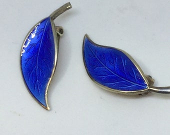 Sterling blue enamel leaf earrings vintage signed