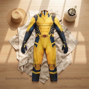 Peut inclure: Une combinaison intégrale jaune et bleue avec un motif de torse musclé imprimé, des manches longues et une ceinture ornée d'un emblème X rouge. Le vêtement présente un col montant et des accents bleu foncé sur les côtés, les bras et les jambes.