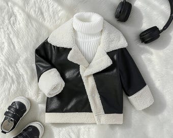 Giacca in pelle nera per neonati da 3 mesi a 3 anni / Cappotto invernale caldo per bambini, giacca con colletto risvoltato, elegante completo per neonati, idea regalo