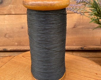Vintage Industrial Textile Wooden Spool with Heavy Black Thread - Vintage Industrial Wooden Textile Mill Spool