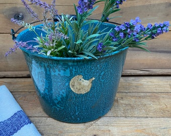 Vintage Teal Enamelware Pail with Partial Label and Bale Handle - Unique Teal Blue/Green Enamelware Pail/Bucket