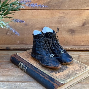 Vintage Child&#39;s Black Lace Up Shoes with Original Metal Tipped Laces and Buckles - Victorian Antique Baby Shoes