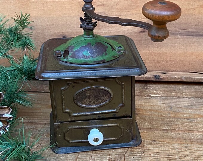 Vintage Tin Coffee Grinder Small Antique Green Tin Coffee Grinder With