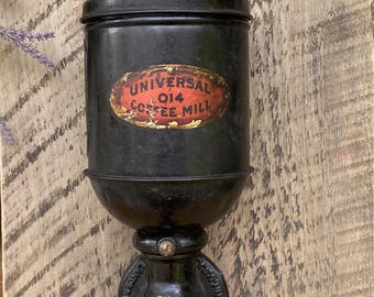 Vintage Universal 014 Coffee Grinder Landers, Frary & Clark with Original Catch Cup - Cast Iron and Metal Wall Mounted Coffee Grinder