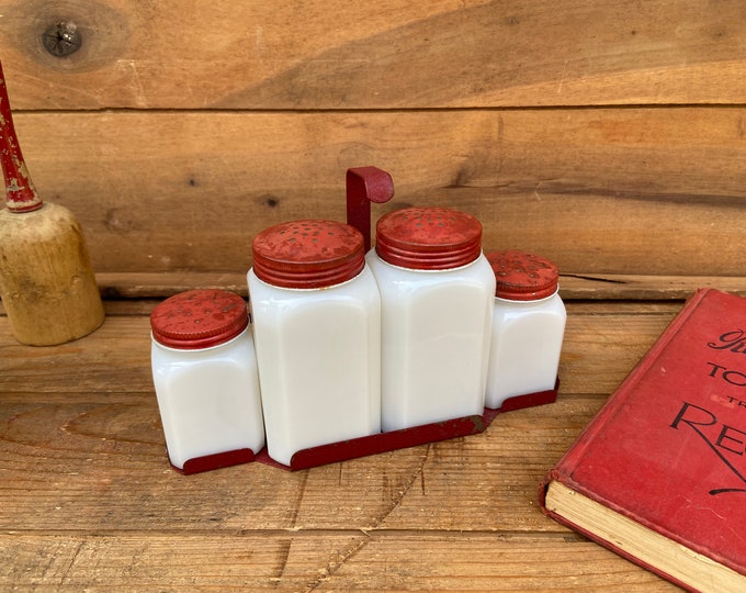 Vintage Milk Glass Spice Set With Red Tops and Red Metal Rack Vintage
