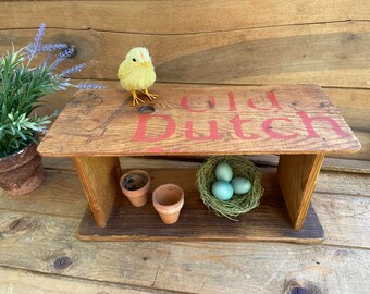 Vintage 2-Tiered Display Shelf Hand Crafted from Parts of a Panel of a Vintage Old Dutch Cleanser Crate