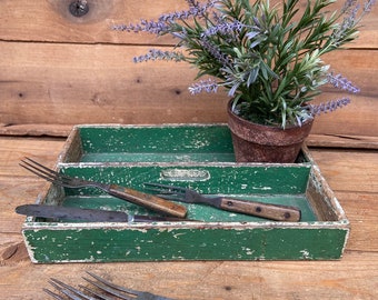 Vintage Cutlery Carrier Green Paint - Old Utensil Carrier Chippy Paint - Primitive Farmhouse