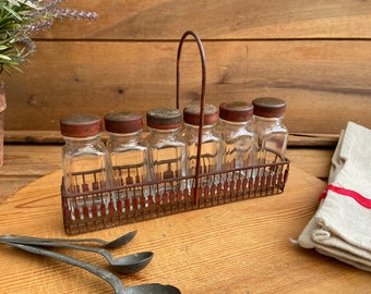 Vintage Spice Jars with Red Metal Carrier - Vintage Set of 6 Glass Spice Jars with Red Tops and Carrier