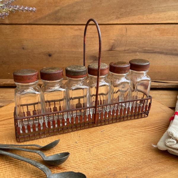 Vintage Spice Jars with Red Metal Carrier - Vintage Set of 6 Glass Spice Jars with Red Tops and Carrier