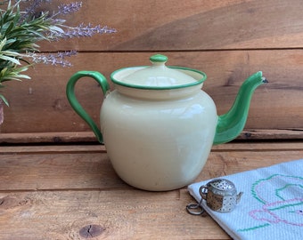 Vintage Cream and Green Enamelware Teapot - Vintage Enamelware Teapot - Czechoslovakia