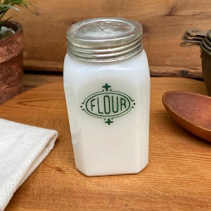 Vintage Hazel Atlas Milk Glass White and Green Flour Shaker - Vintage Flour Shaker White with Green Lettering Part of Set - See Description