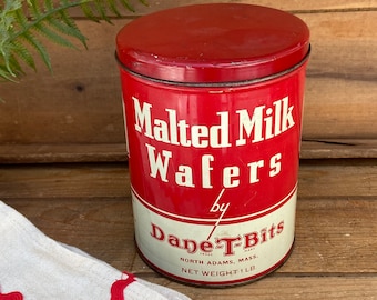 Vintage Dane-T-Bits Malted Milk Wafers Tin - Vintage Advertising Tin - Red and White