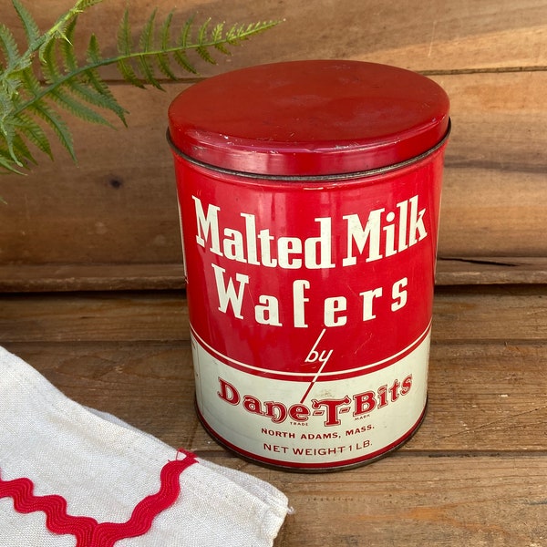 Vintage Dane-T-Bits Malted Milk Wafers Tin - Vintage Advertising Tin - Red and White