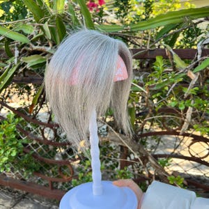 May include: A mannequin head with a wig of long, gray hair. The wig is styled with a slight wave and a side part. The mannequin head is pink and has a white stand. The background is blurred with green foliage and a brown metal structure.