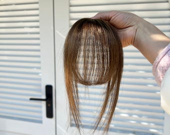 Topper stile frangia marrone cioccolato 4 x 6 cm pezzo di capelli umani