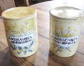 2 Stoneware Hand Painted Wormwood Chamomile Herb Crocks w Lids Made in Arcegno Switerland