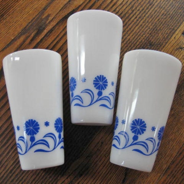 3 Hazel Atlas Milk Glass Tumblers w Bright Blue Stylized Flowers Around the Base