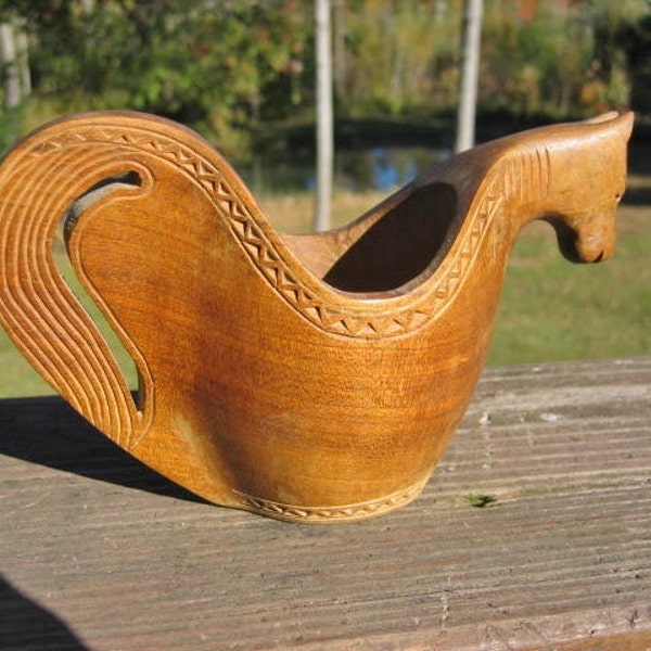 Hand Carved Horse Wooden Cup Wedding or Shepherds Cup Traditional Folk Art Yugoslavia