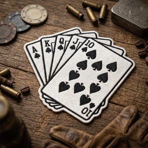 May include: A close-up of a poker hand patch featuring the Ace, King, Queen, Jack, and 10 of Spades. The patch is white with black details and is set against a wooden background with poker chips, bullets, and other accessories.