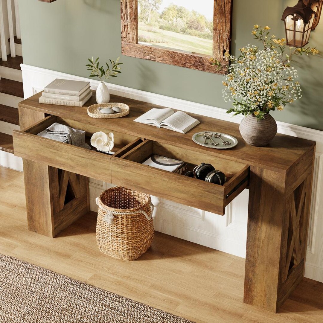 63 Inch Farmhouse Console Table, Rustic Entryway Sofa Table With ...