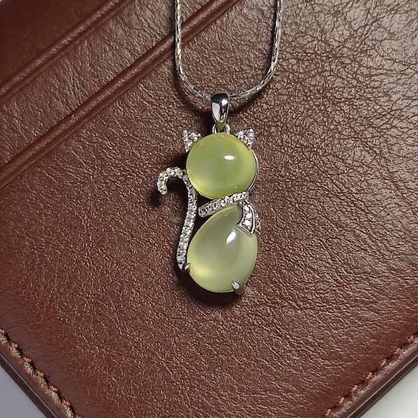 Natural Prehnite Cat Pendant Necklace, 925 Sterling Silver Kitty Jewelry