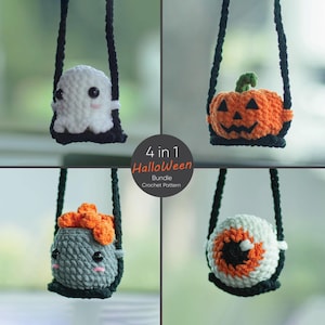 May include: A 4 in 1 Halloween Bundle Crochet Pattern featuring four hanging ornaments: a white ghost, an orange pumpkin, a grey creature with orange hair, and a white and orange eyeball, each suspended by a black crocheted cord.