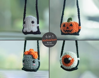 Haakpatronen voor Halloween-decoratie, zoals een spookje, een pompoen, een snoepoogje en een heksenketel | Digitaal PDF-bestand