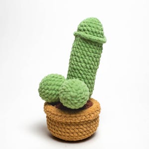Könnte beinhalten: Eine grüne, gestrickte Kaktusskulptur in einem braunen Topf. Der Kaktus hat eine phallische Form mit zwei runden, grünen Kugeln an der Basis. Der Topf ist in einem gewebten, hellbraunen Farbton gehalten, der Hintergrund ist weiß.
