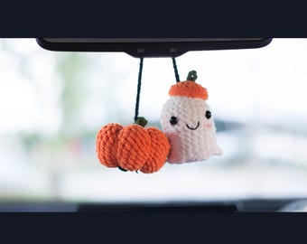 Leuk autoaccessoire, hangend gehaakt spook, cadeauornament voor kerst, leuke pompoen in de achteruitkijkspiegel, digitaal pdf-bestand direct downloaden