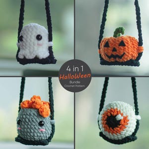 May include: A collection of four handmade crochet Halloween-themed ornaments. The set includes a white ghost, an orange jack-o'-lantern, a gray monster, and an eyeball, each suspended by a black cord. The image includes the text "4 in 1 Halloweeen Bundle Crochet Pattern."