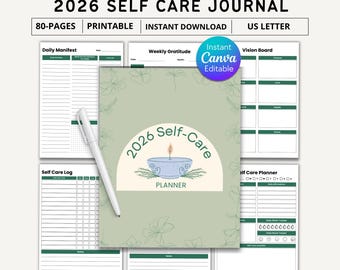 Diário de autocuidado para 2026 (para imprimir), rastreador de autocuidado, desafio de autocuidado de 30 dias, registro de mindfulness, download instantâneo.