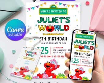 Editable Sesame Street Birthday Invitation Template, Kids Party Invite, Thank you tag (Digital)