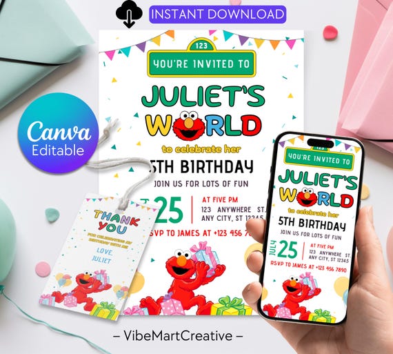 Editable Sesame Street Birthday Invitation Template, Kids Party Invite, Thank you tag (Digital)