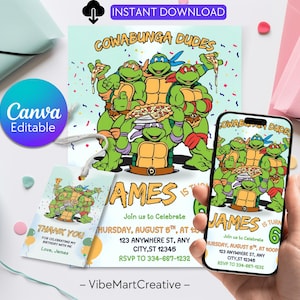 Ninja Turtle Birthday Invitation, Karate Theme, Editable Template, Thank you tag (Instant Download)
