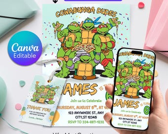 Invitación de cumpleaños de las Tortugas Ninja, temática de karate, plantilla editable, etiqueta de agradecimiento (descarga instantánea)