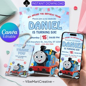 May include: A birthday party invitation set featuring a blue Thomas the Tank Engine design. The set includes a printed invitation, a thank you tag, and a digital invitation on a smartphone. The invitation reads "Daniel is turning six!"