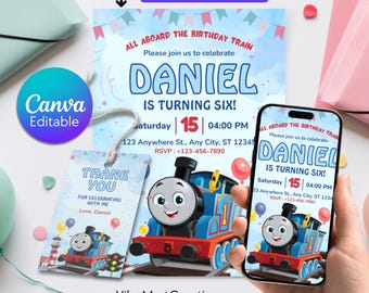 May include: A birthday party invitation set featuring a blue Thomas the Tank Engine design. The set includes a printed invitation, a thank you tag, and a digital invitation on a smartphone. The invitation reads "Daniel is turning six!"