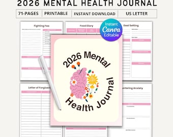 Printable Mental health Journal bundle, 2026 Mental health Journal, Wellness Workbook, Therapy worksheet, Anxiety Management