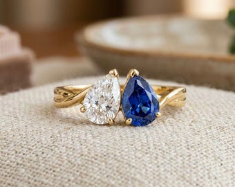 Anello con zaffiro blu taglio a pera e diamanti, in oro 14 carati, Toi et Moi, anello di fidanzamento e matrimonio.