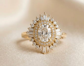 Anello vintage ovale con moissanite a raggiera, anello di fidanzamento Art Déco con ballerina e alone in oro giallo.