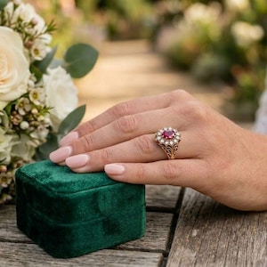Vintage Inspired Ruby Engagement Ring YELLOW GOLD Filigree Ring, Oval Red Ruby Halo Ring for Women, Antique Style Victorian Promise Ring