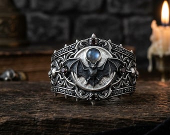 Bracciale gotico a forma di pipistrello in argento sterling, con luna in labradorite e dettagli in granato, bracciale da strega