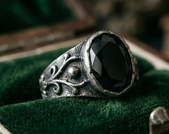 Gothic Black Onyx Ring, Oxidized Sterling Silver Victorian Filigree Band