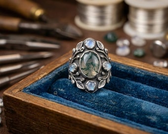 Anello vistoso in agata muschiata, stile vittoriano floreale in argento sterling, gioiello botanico ispirato alla natura.