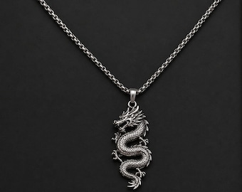 Collana con ciondolo a forma di drago cinese in argento sterling, gioiello fantasy gotico antico.