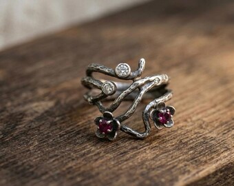 Sterling Silver Branch Ring, Ruby and Diamond Flowers, Nature Inspired Band