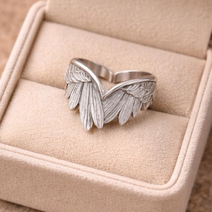 Oxidized Sterling Silver Angel Wings Ring, Feather Statement Biker Jewelry image 3